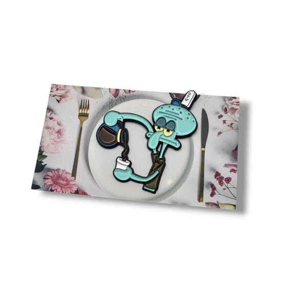 Spongebob SquarePants Squidward Tentacles Pouring Coffee Brooch/Pin - Picture 3 of 7